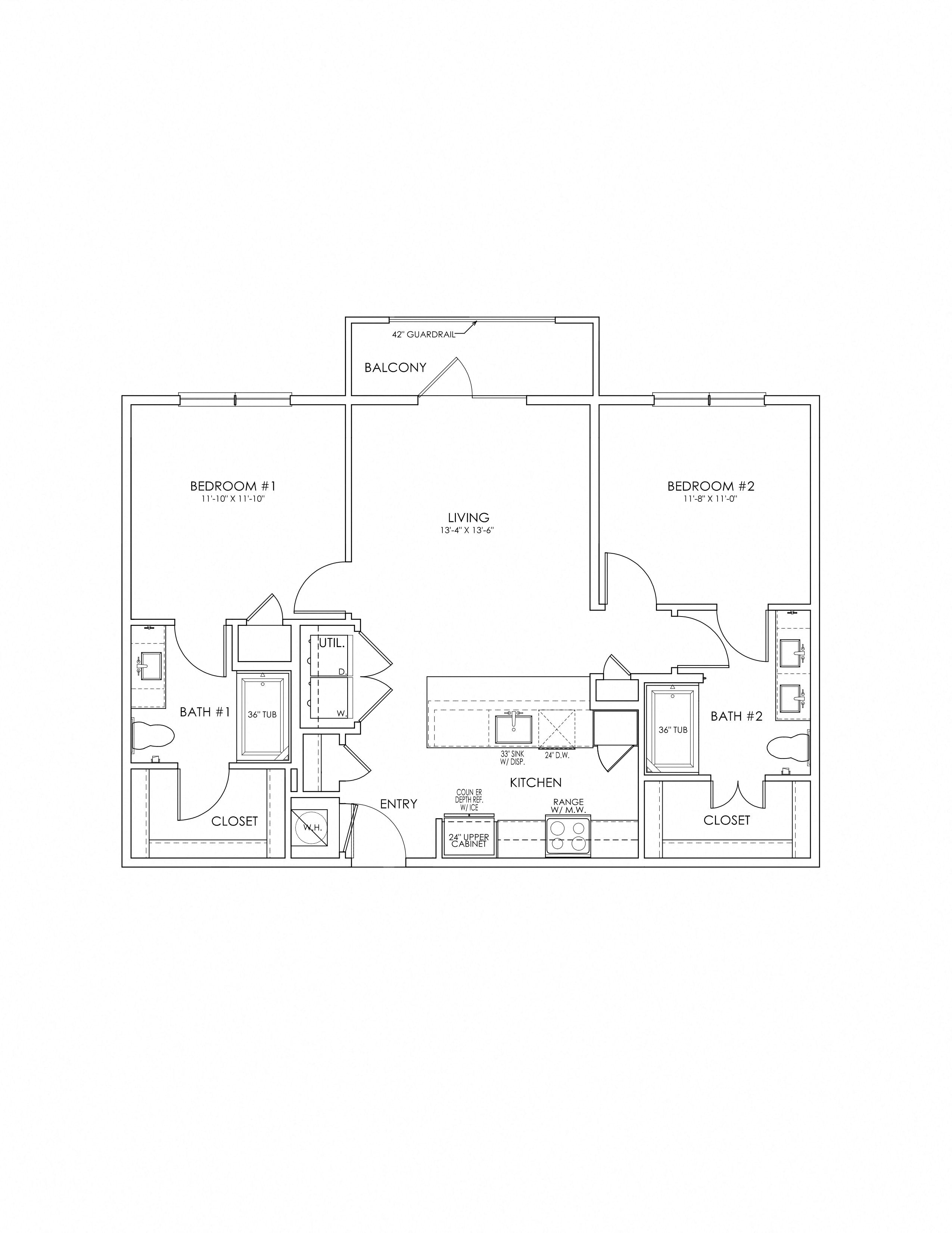 Floor plan for 2 beds, 2 baths, 1001 sqft